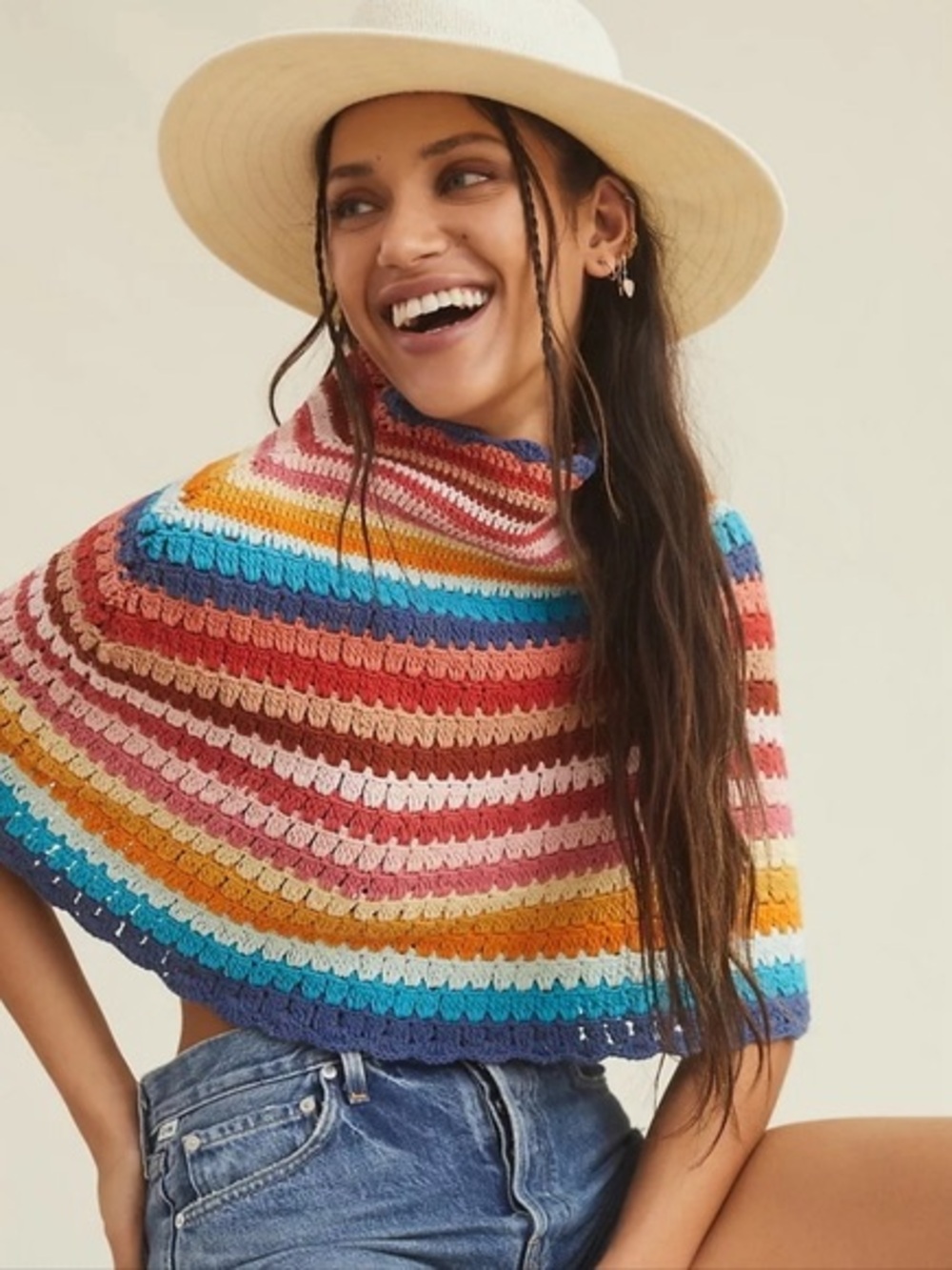 Anthropologie Rainbow Crochet Poncho Capelet One Size 100% Cotton Boho